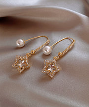 Skinny Gold Copper Alloy Pentagram Crystal Pearl Drop Earrings