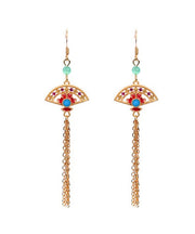 Skinny Gold Copper Overgild Fan Shaped Chalcedony Tassel Drop Earrings