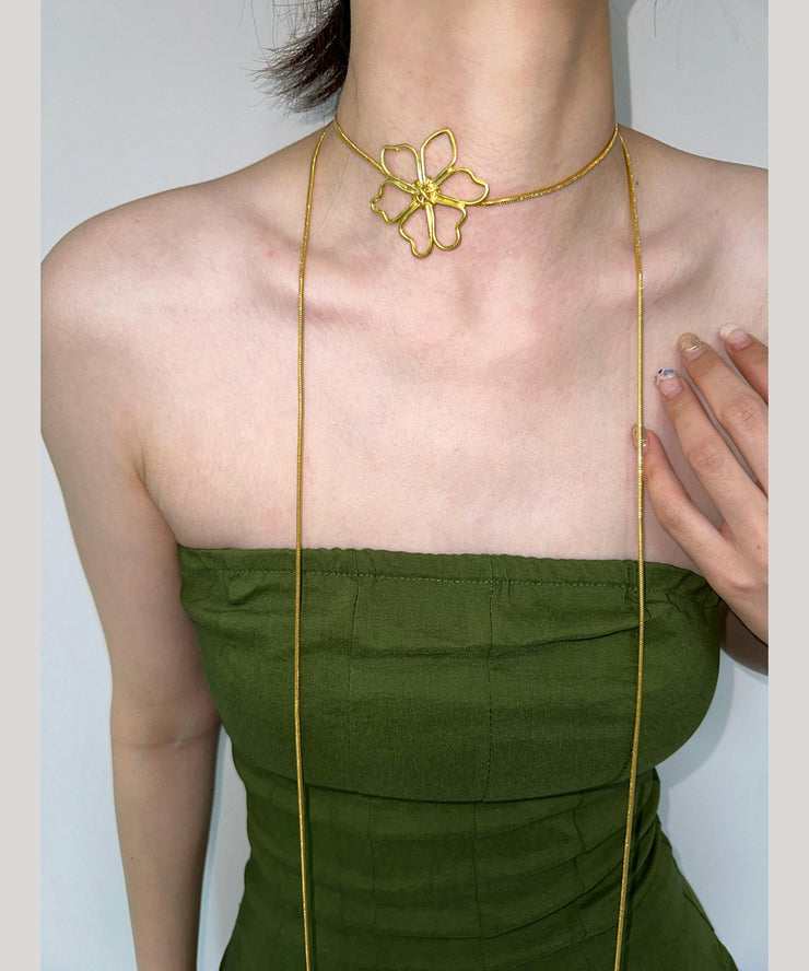 Skinny Gold Metal Overgild Floral Hollowed Out Lariat Necklace