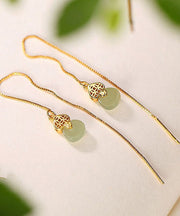 Skinny Gold Sterling Silver Overgild Inlaid Jade Gourd Drop Earrings