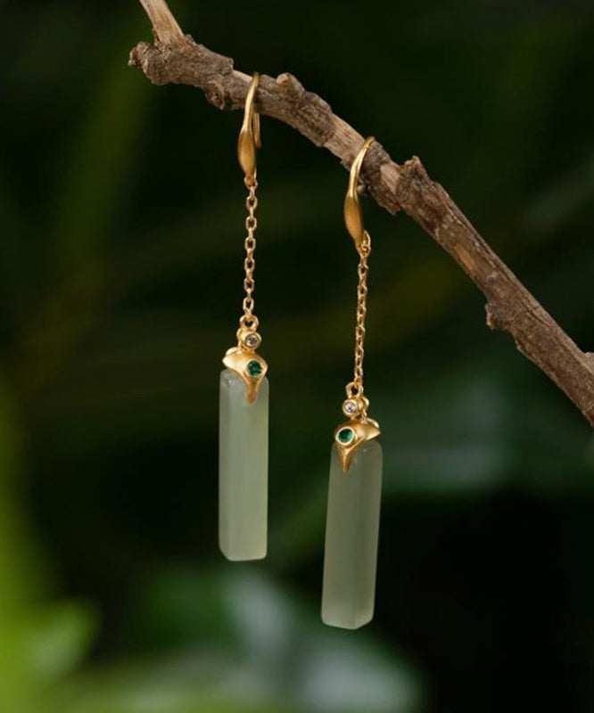 Skinny Gold Sterling Silver Overgild Jade Rectangular Drop Earrings