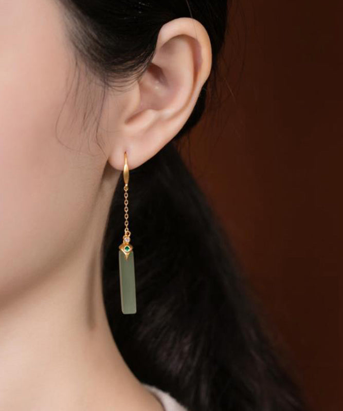 Skinny Gold Sterling Silver Overgild Jade Rectangular Drop Earrings