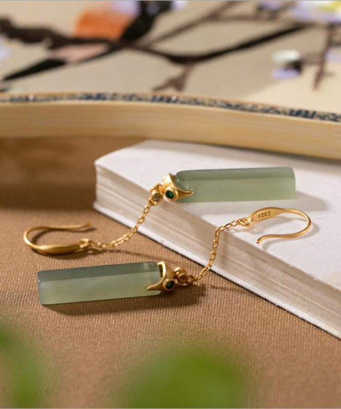 Skinny Gold Sterling Silver Overgild Jade Rectangular Drop Earrings