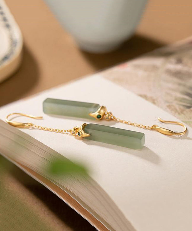 Skinny Gold Sterling Silver Overgild Jade Rectangular Drop Earrings