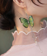 Skinny Green Copper Crystal Resin Butterfly Tassel Drop Earrings