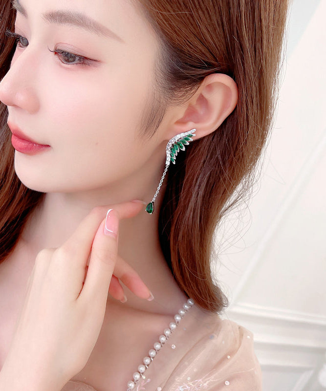 Skinny Green Copper Inlaid Zircon Crystal Wing Tassel Drop Earrings