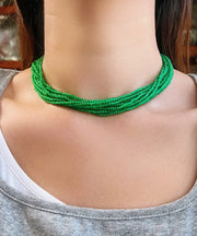 Skinny Green Stainless Steel Cat Eye Stone Multi Layer Beading Gratuated Bead Necklace