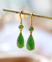 Skinny Green Sterling Silver Inlaid Jade Drop Earrings