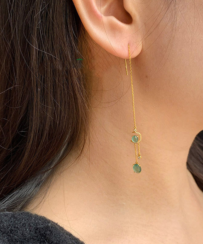 Skinny Green Sterling Silver Overgild Zircon Jade Moon Water Drop Tassel Drop Earrings