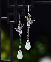 Skinny Light Green Sterling Silver Jade Butterfly Lotus Drop Earrings