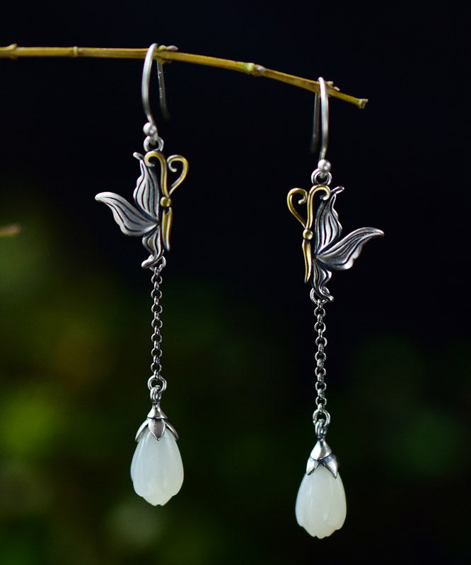 Skinny Light Green Sterling Silver Jade Butterfly Lotus Drop Earrings