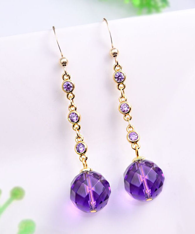 Skinny Purple Smooth Finish 14K Gold Crystal Tassel Drop Earrings