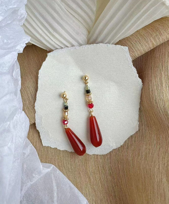 Skinny Red Sterling Silver Alloy Resin Water Drop Drop Earrings