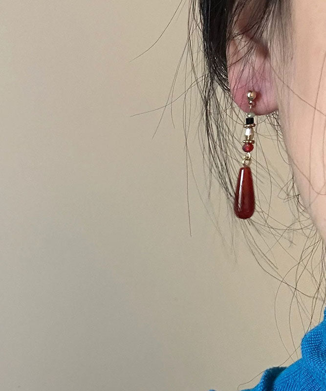 Skinny Red Sterling Silver Alloy Resin Water Drop Drop Earrings