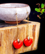 Skinny Red Sterling Silver Overgild Cinnabar Ruyi Drop Earrings