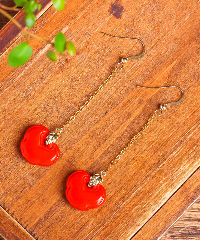 Skinny Red Sterling Silver Overgild Cinnabar Ruyi Drop Earrings