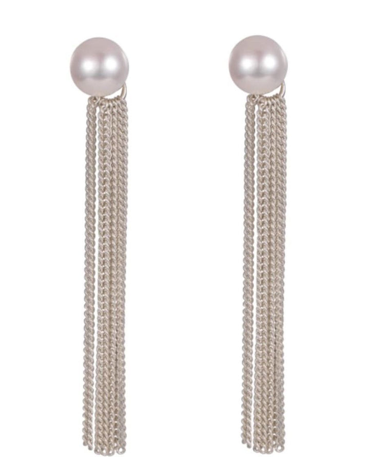Skinny Silk Sterling Silver Pearl Tassel Drop Earrings