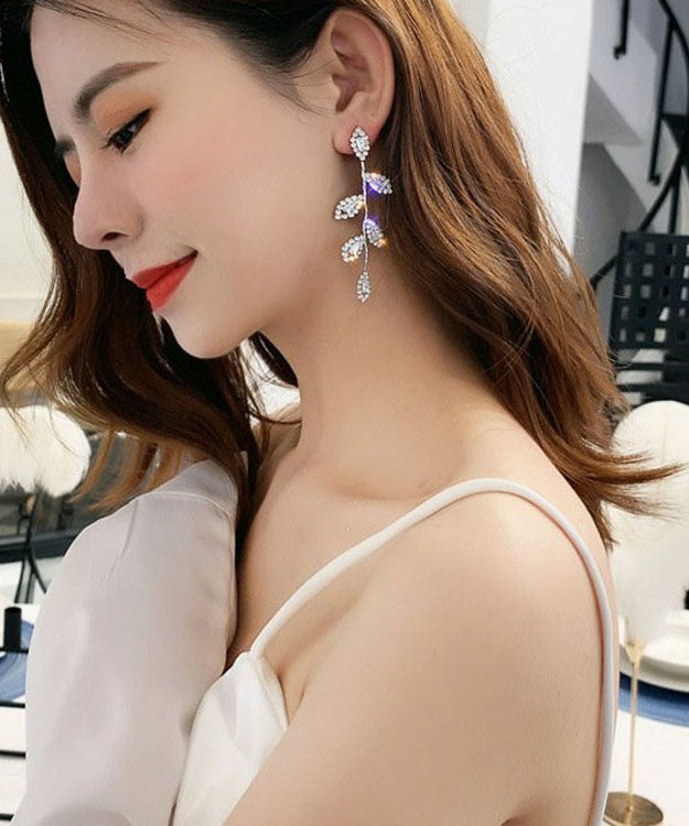 Skinny Silk Sterling Silver Zircon Leaves Tassel Drop Earrings