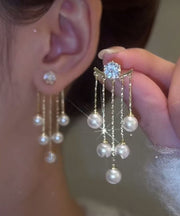 Skinny White Alloy Zircon Pearl Tassel Drop Earrings