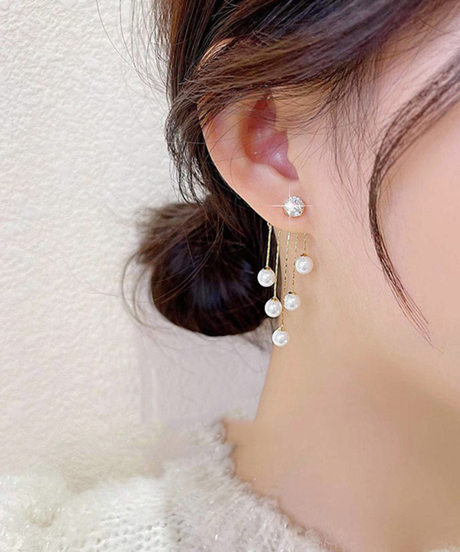 Skinny White Alloy Zircon Pearl Tassel Drop Earrings