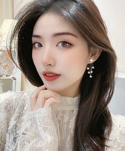 Skinny White Alloy Zircon Pearl Tassel Drop Earrings