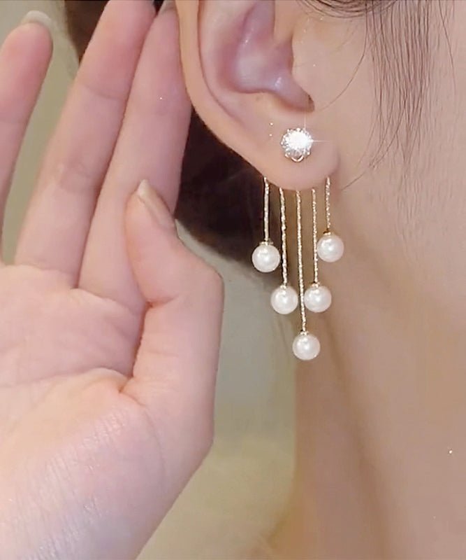 Skinny White Alloy Zircon Pearl Tassel Drop Earrings