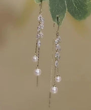 Skinny White Overgild Zircon Pearl Leaf Tassel Drop Earrings