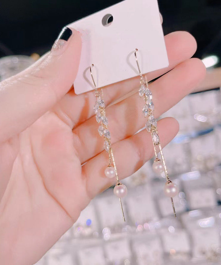 Skinny White Overgild Zircon Pearl Leaf Tassel Drop Earrings