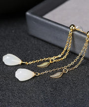 Skinny White Sterling Silver Overgild Jade Leaf Tassel Drop Earrings