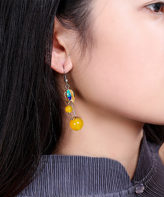 Skinny Yellow Jade Cloisonne Floral Drop Earrings