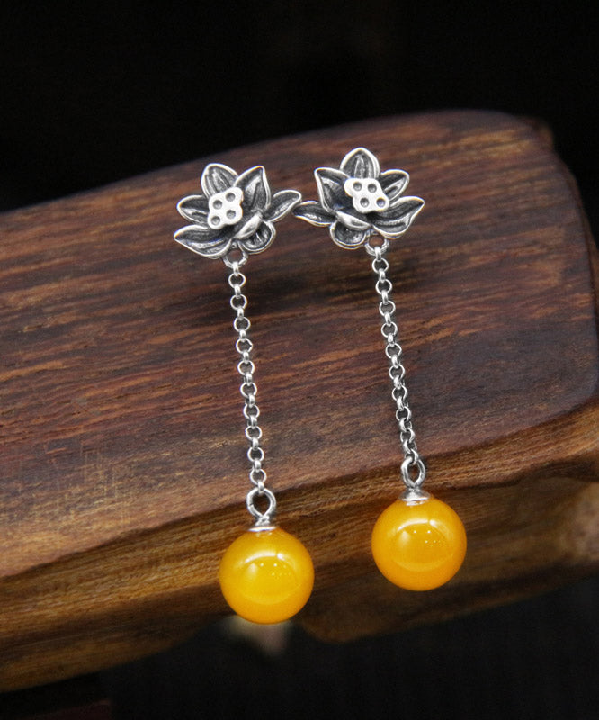 Skinny Yellow Sterling Silver Chalcedony Lotus Drop Earrings