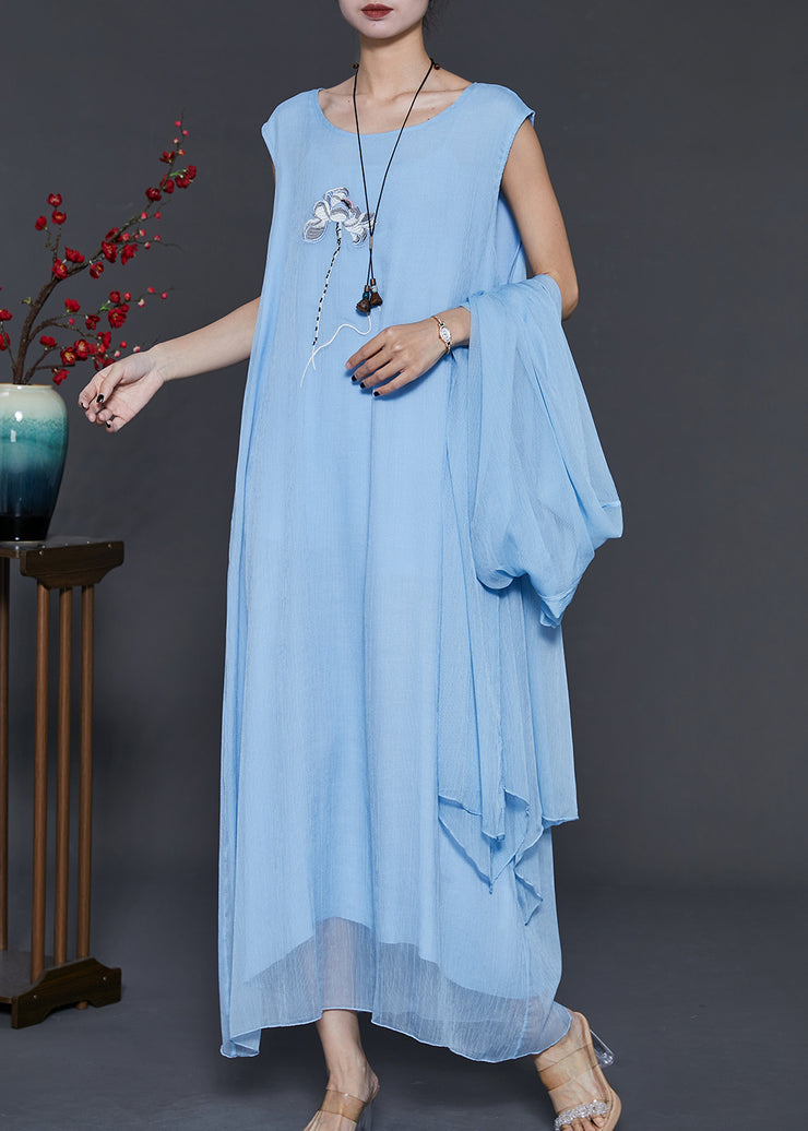 Sky Blue Chiffon Two Piece Set Women Clothing Embroidered Summer