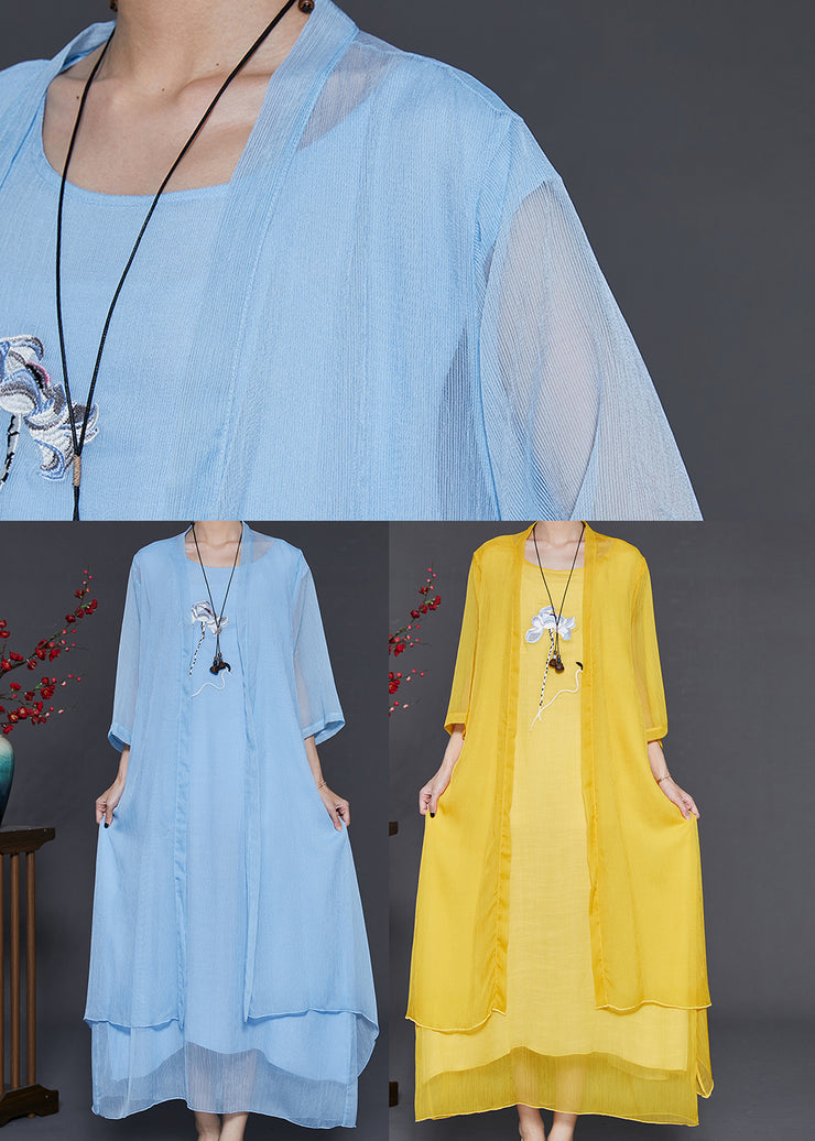 Sky Blue Chiffon Two Piece Set Women Clothing Embroidered Summer