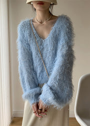 Sky Blue Hollow Ou Knit Sweater V Neck Batwing Sleeve