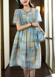Sky Blue Lace Patchwork Chiffon Dress Wrinkled Summer