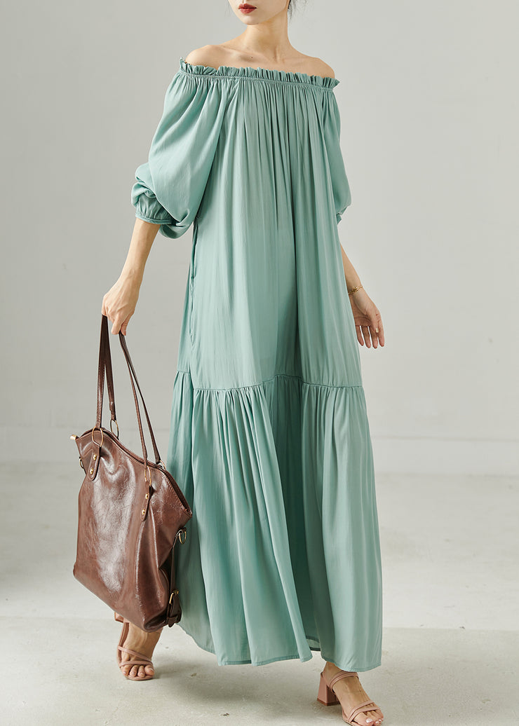 Sky Blue Patchwork Cotton Long Dress Slash Neck Lantern Sleeve