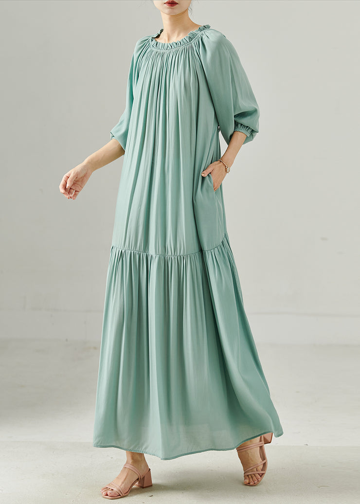 Sky Blue Patchwork Cotton Long Dress Slash Neck Lantern Sleeve