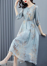 Sky Blue Print Chiffon Beach Dress Cinched Exra Large Hem Half Sleeve