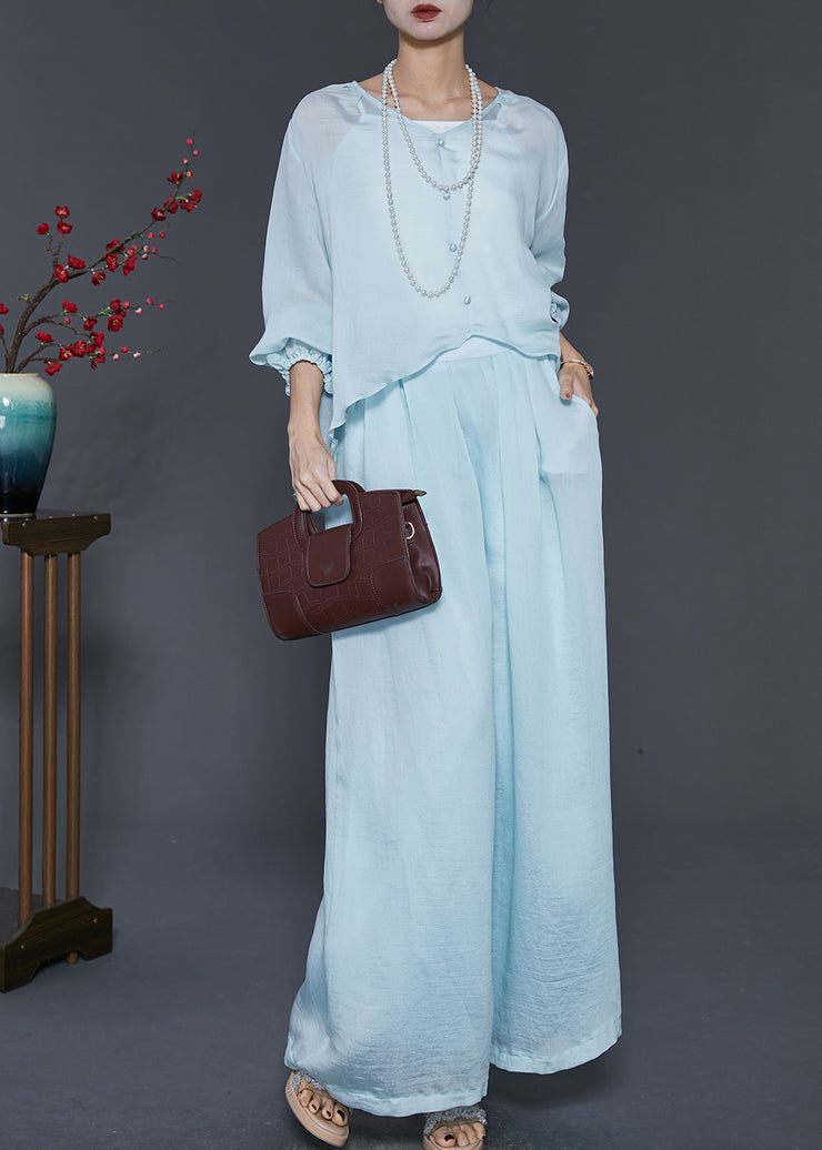 Sky Blue Silk Two Pieces Set Oversized Low High Design Spring