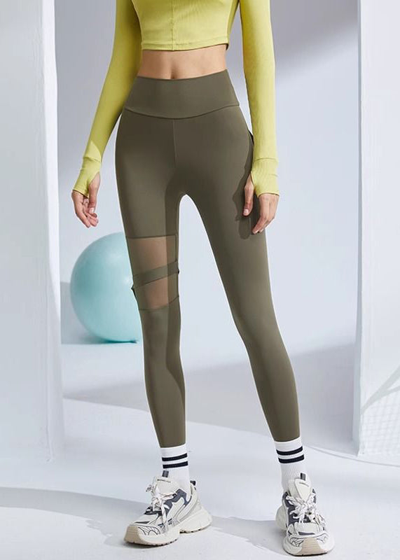 Slim Fit Army Green High Waist Patchwork Cotton Leggings Yoga Pants