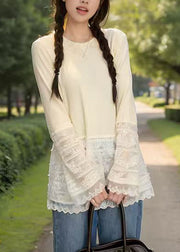 Slim Fit Beige Button Lace Patchwork T Shirt Spring