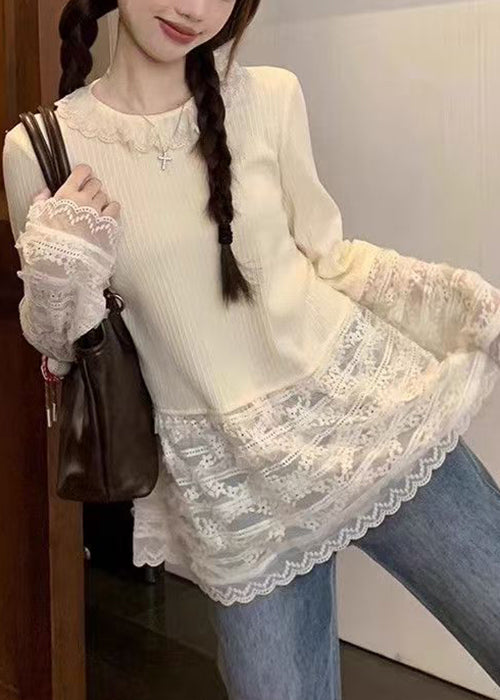 Slim Fit Beige Button Lace Patchwork T Shirt Spring