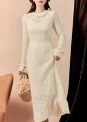 Slim Fit Beige Hollow Out Solid Knit Long Dress Spring