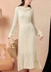 Slim Fit Beige Hollow Out Solid Knit Long Dress Spring