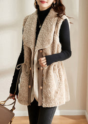 Slim Fit Beige Notched Patchwork Button Thick Faux Fur Waistcoat Fall