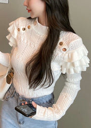 Slim Fit Beige Ruffled Hollow Out Knit Sweaters Winter