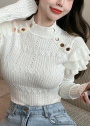 Slim Fit Beige Ruffled Hollow Out Knit Sweaters Winter