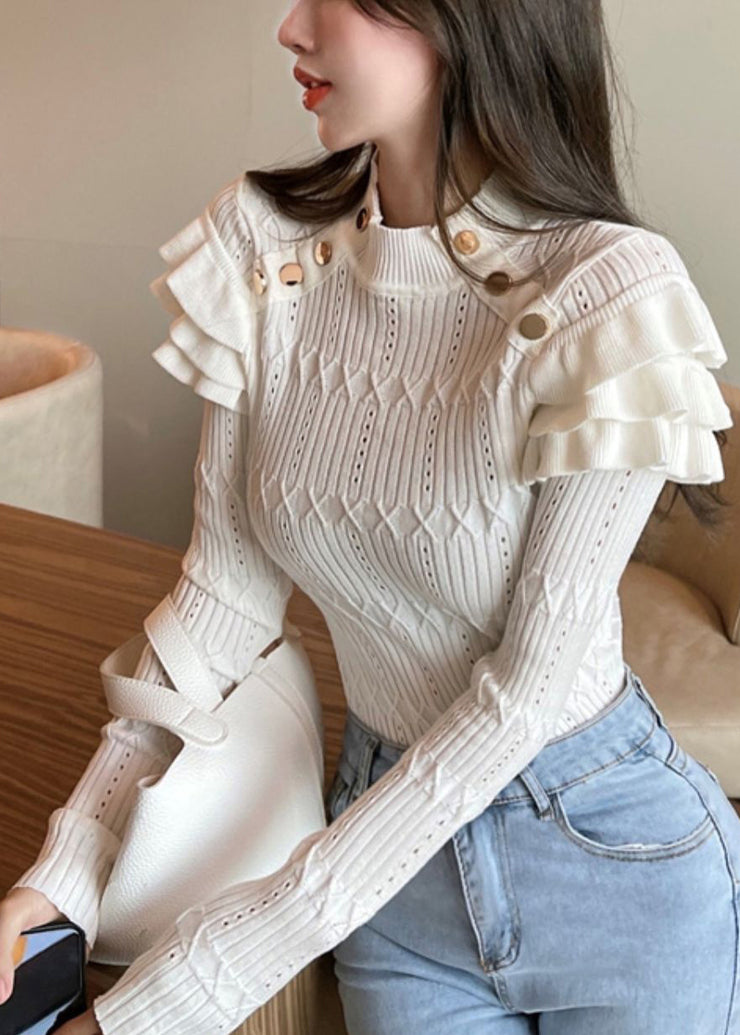 Slim Fit Beige Ruffled Hollow Out Knit Sweaters Winter