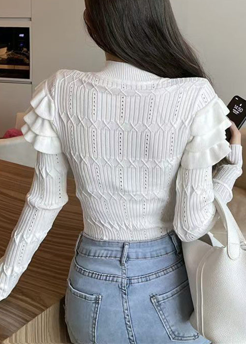 Slim Fit Beige Ruffled Hollow Out Knit Sweaters Winter