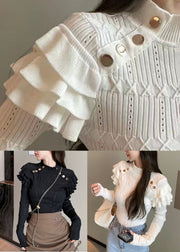 Slim Fit Beige Ruffled Hollow Out Knit Sweaters Winter